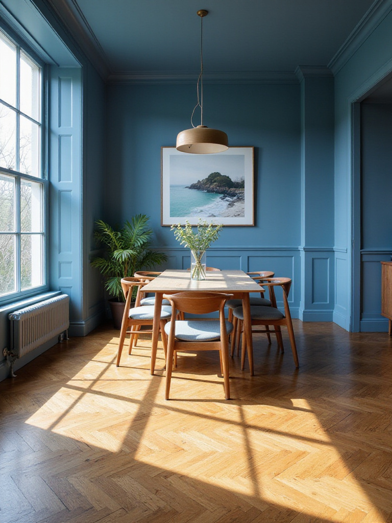 A cozy blue dining room with warm wood flooring contrasting against blue walls.