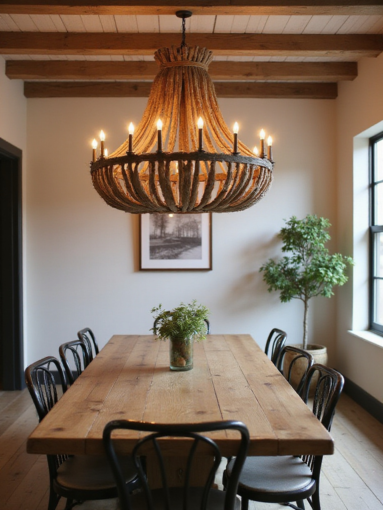 Elegant farmhouse chandelier above a rustic dining table in a cozy dining room