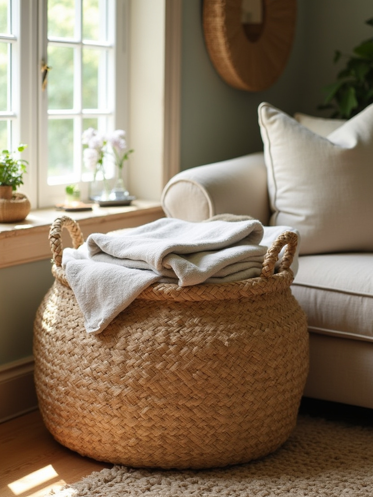 Cozy farmhouse living room featuring woven baskets for storage and texture