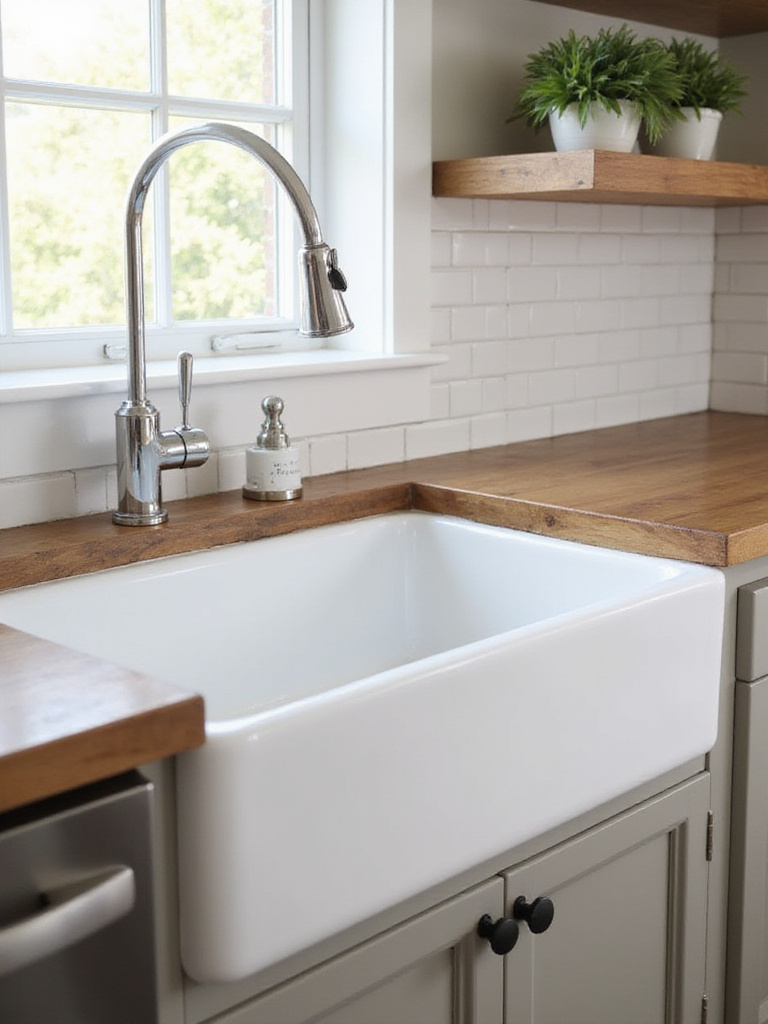 Deep apron-front sink in a farmhouse kitchen with natural lighting and rustic elements.