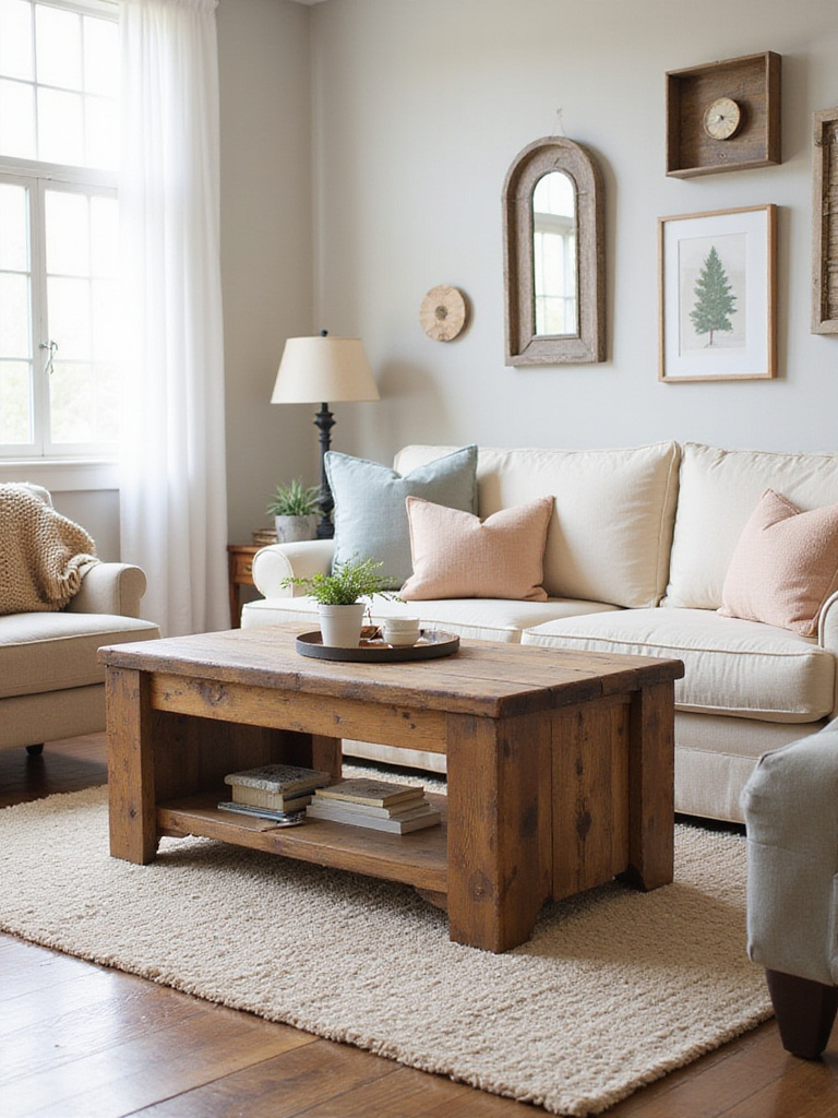A rustic living room featuring a reclaimed wood coffee table, styled with soft textures and natural light.