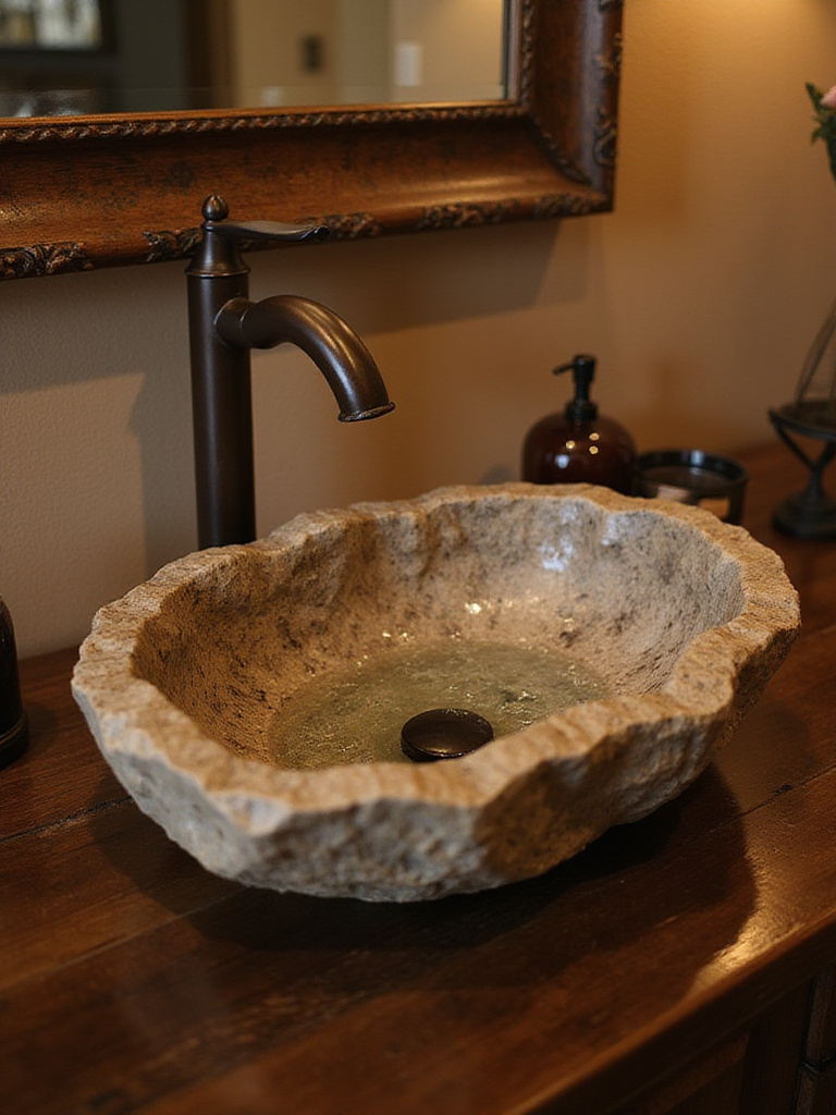 Rustic bathroom with a stone vessel sink on a wooden vanity