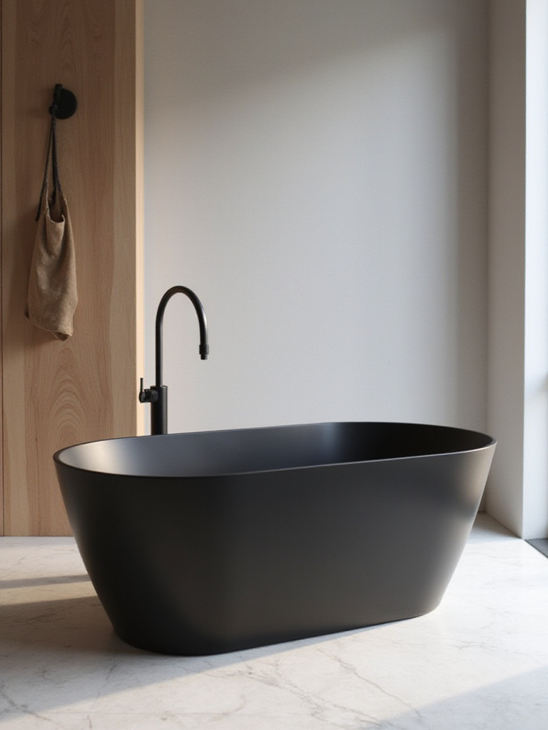 Luxurious black freestanding tub in a modern bathroom setting