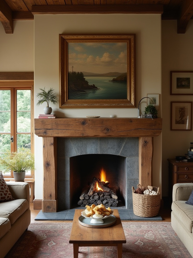 Cozy cottage living room with reclaimed wood fireplace mantel