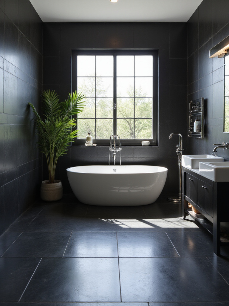 Luxurious bathroom with bold black floor tiles and a freestanding tub