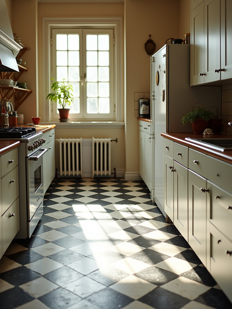 Vintage kitchen with classic checkerboard linoleum flooring