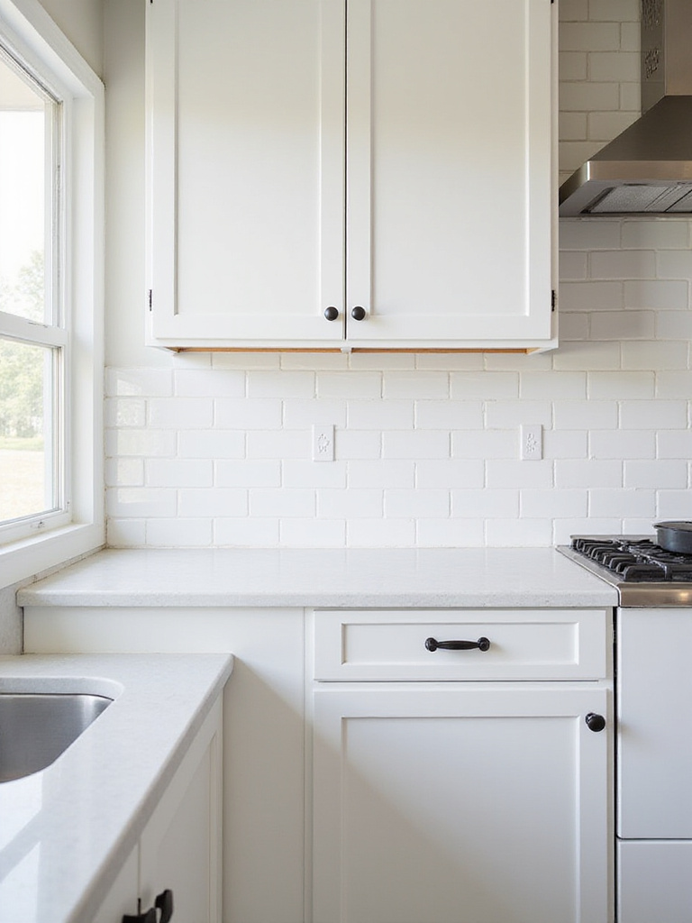 Classic white subway tile backsplash in a farmhouse kitchen