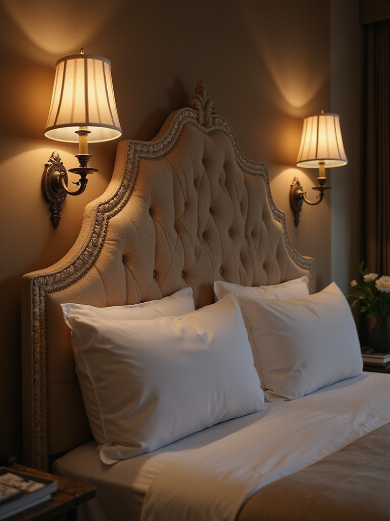 Luxury bedroom with elegant sconces illuminating textured wall decor.
