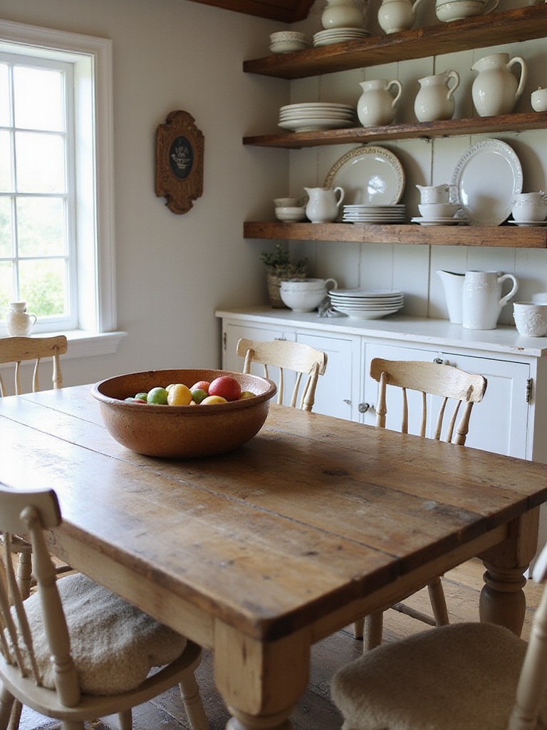 A rustic farmhouse dining room featuring vintage finds and antique treasures.