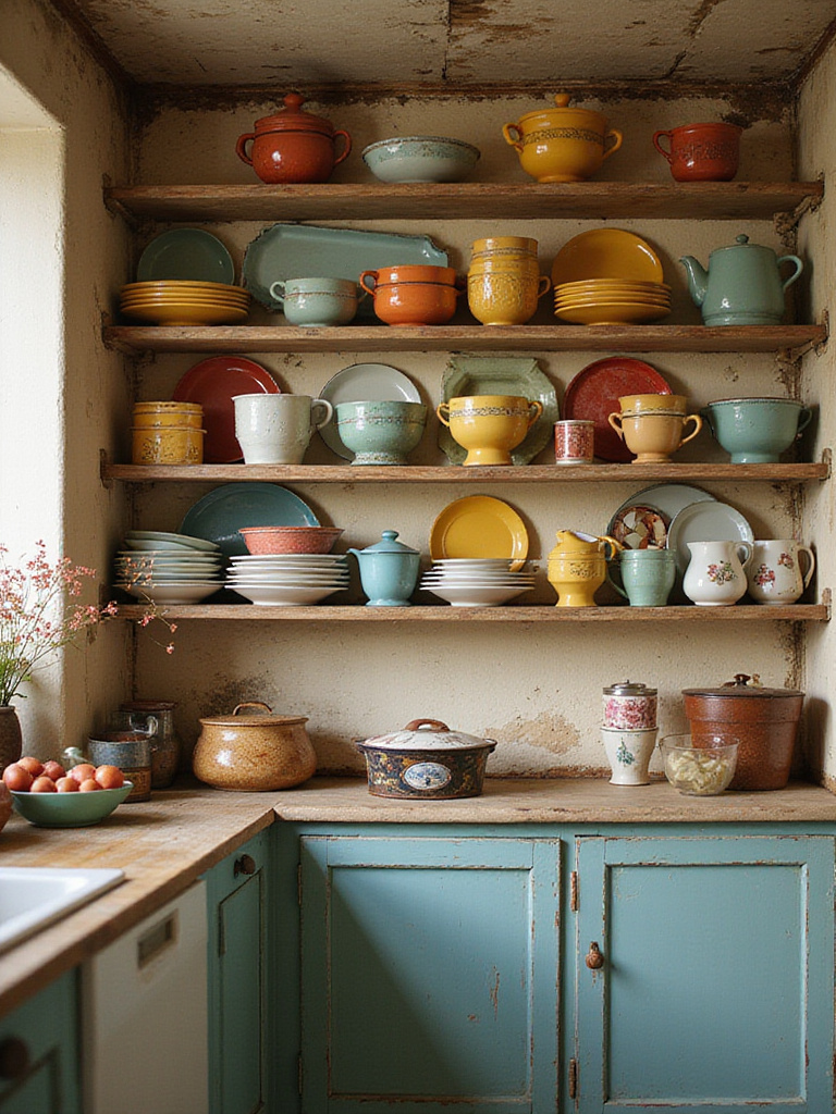 Open shelving displaying colorful vintage dishware in a charming kitchen setting.