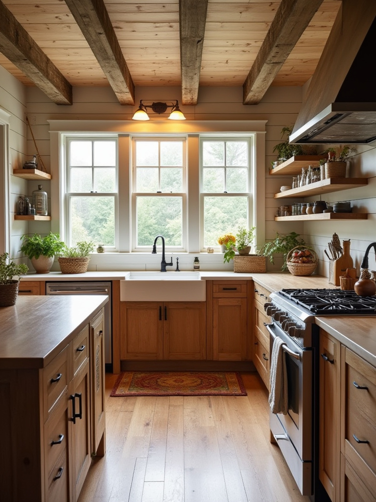 A cozy farmhouse kitchen featuring shiplap walls, showcasing rustic charm and texture.
