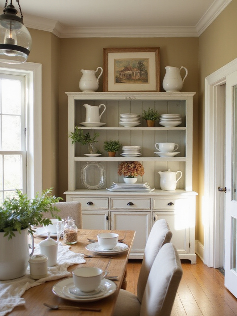 Functional farmhouse buffet or hutch in a charming dining room setting