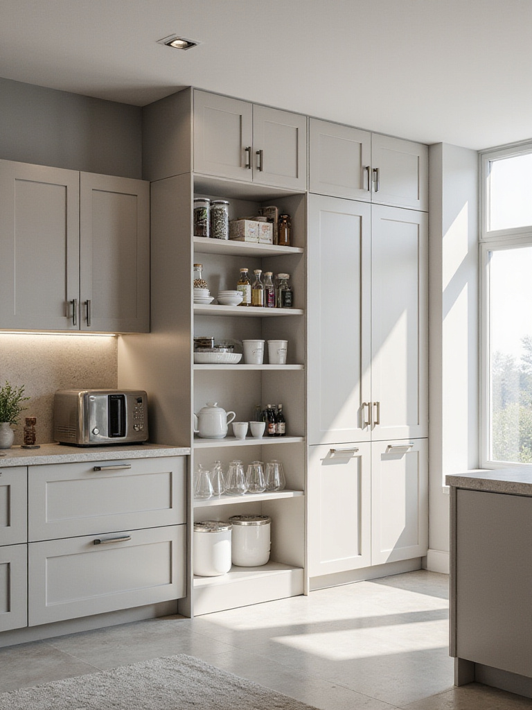 Modern kitchen with full-height cabinet units showcasing organized storage