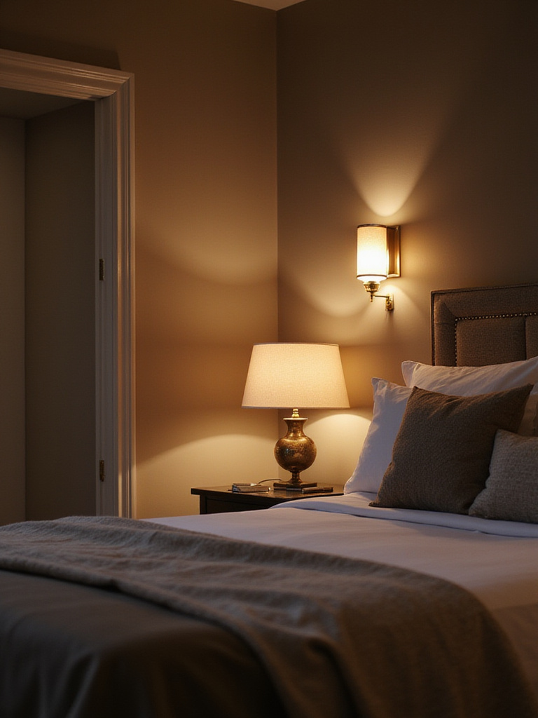 Luxury bedroom with smooth dimming systems showcasing warm lighting and elegant decor.