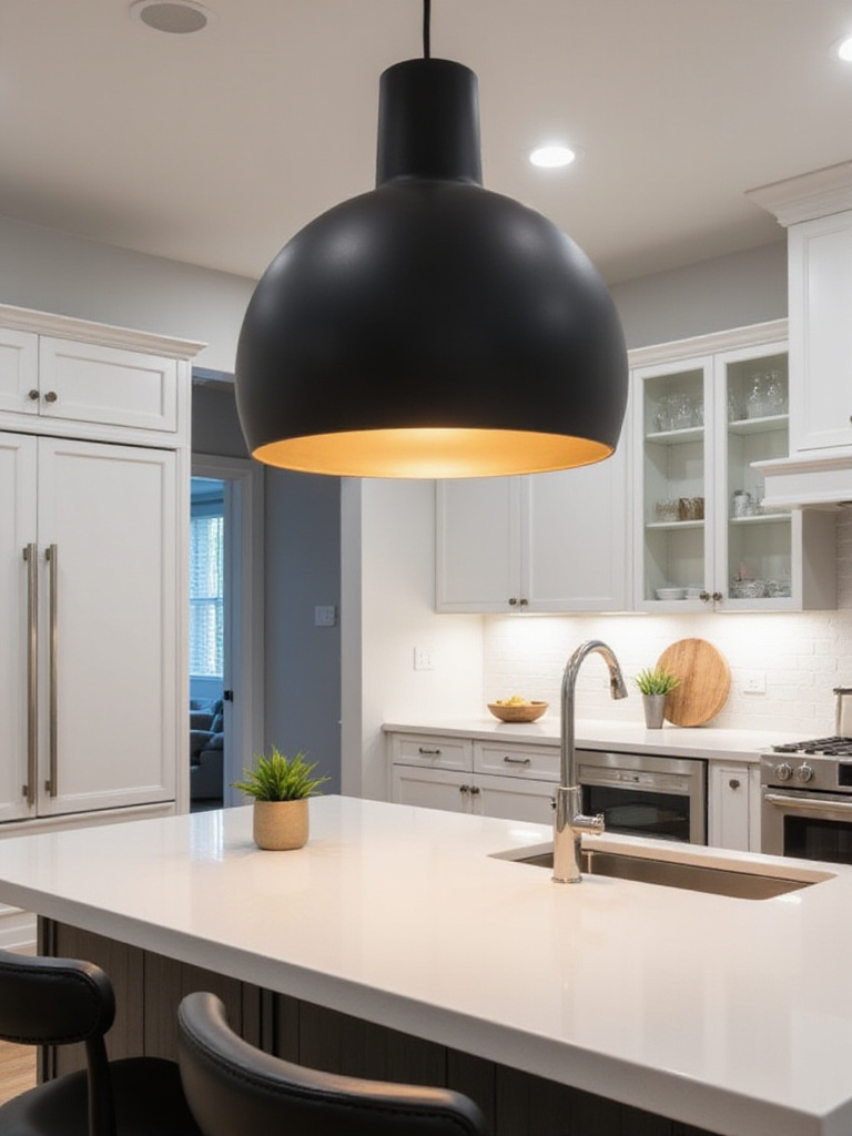 A contemporary kitchen with an oversized matte black pendant light over a quartz island.