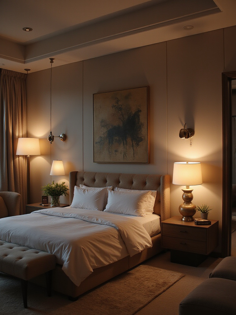 Modern luxury bedroom with voice-activated lighting systems and elegant furnishings.