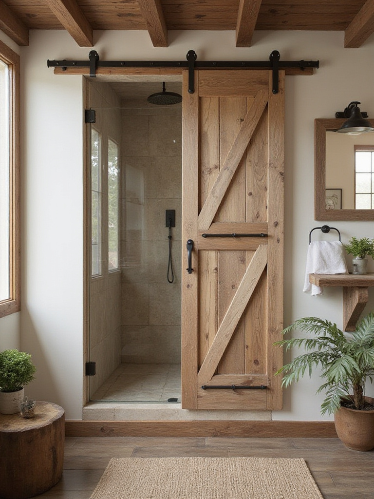 Rustic bathroom with sliding barn door shower enclosure