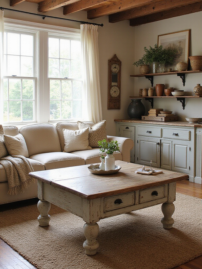 Farmhouse living room styled with authentic antique finds including a distressed coffee table and vintage decor.