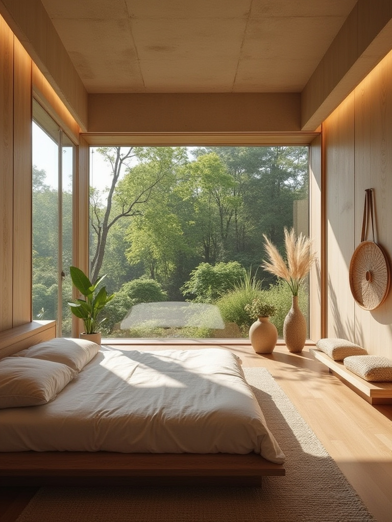Modern luxury bedroom with biophilic design elements, natural light, and soft warm lighting.