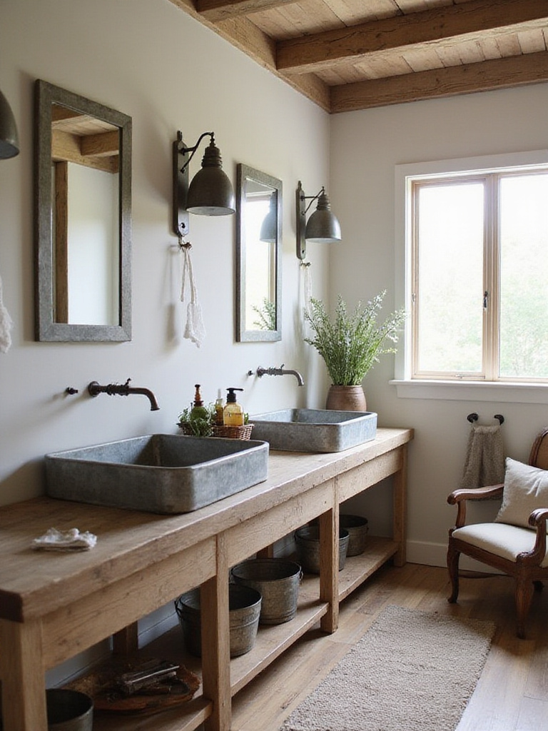 Rustic bathroom with galvanized metal accents including a trough sink and stylish storage solutions.