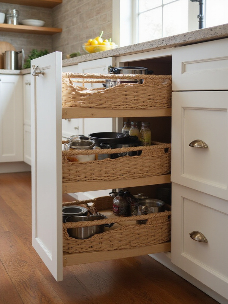 Smart pull-out systems showcased in a modern kitchen cabinet, demonstrating enhanced accessibility and organization.