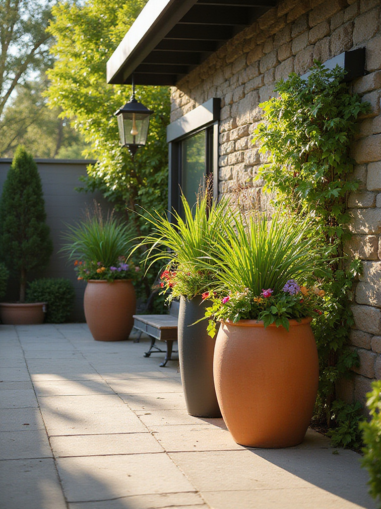 Professional photo of a patio with lush greenery in planters softening hardscapes.