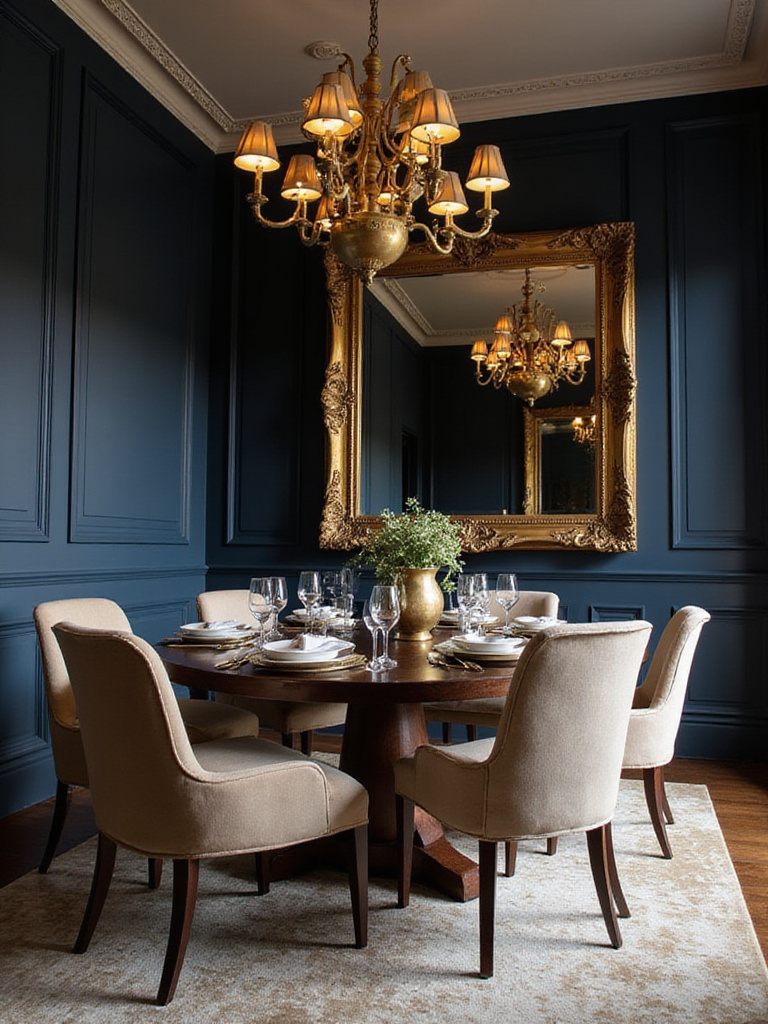 Luxurious navy dining room with elegant decor and warm lighting