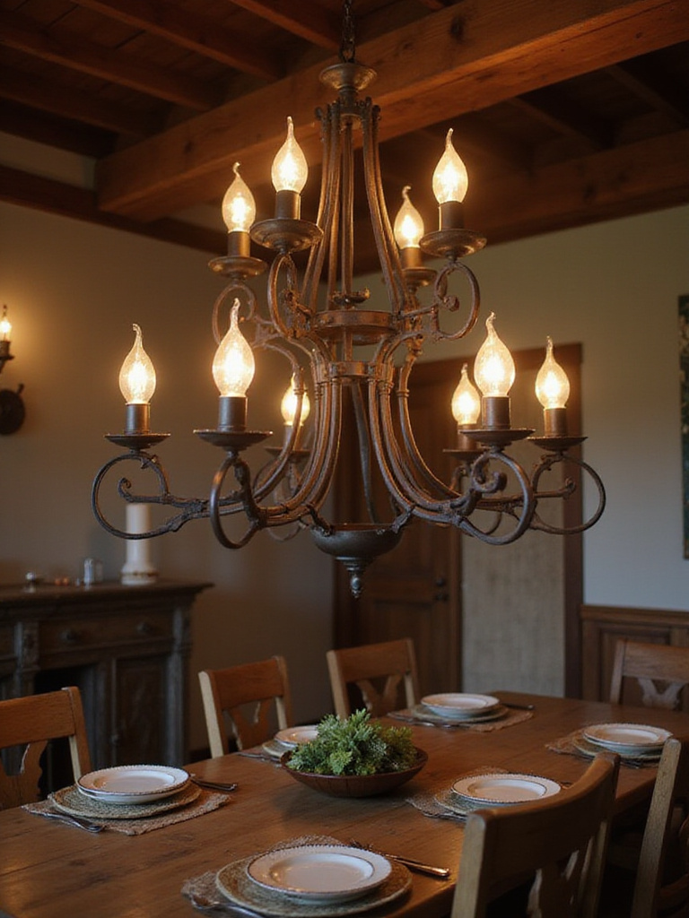 Rustic dining room with smart lighting features, showcasing a wrought-iron chandelier and warm ambiance.
