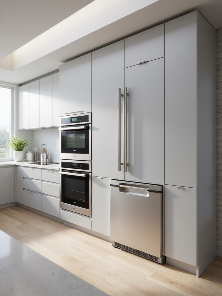 Modern kitchen equipped with smart technology, showcasing a smart refrigerator, oven, and dishwasher.