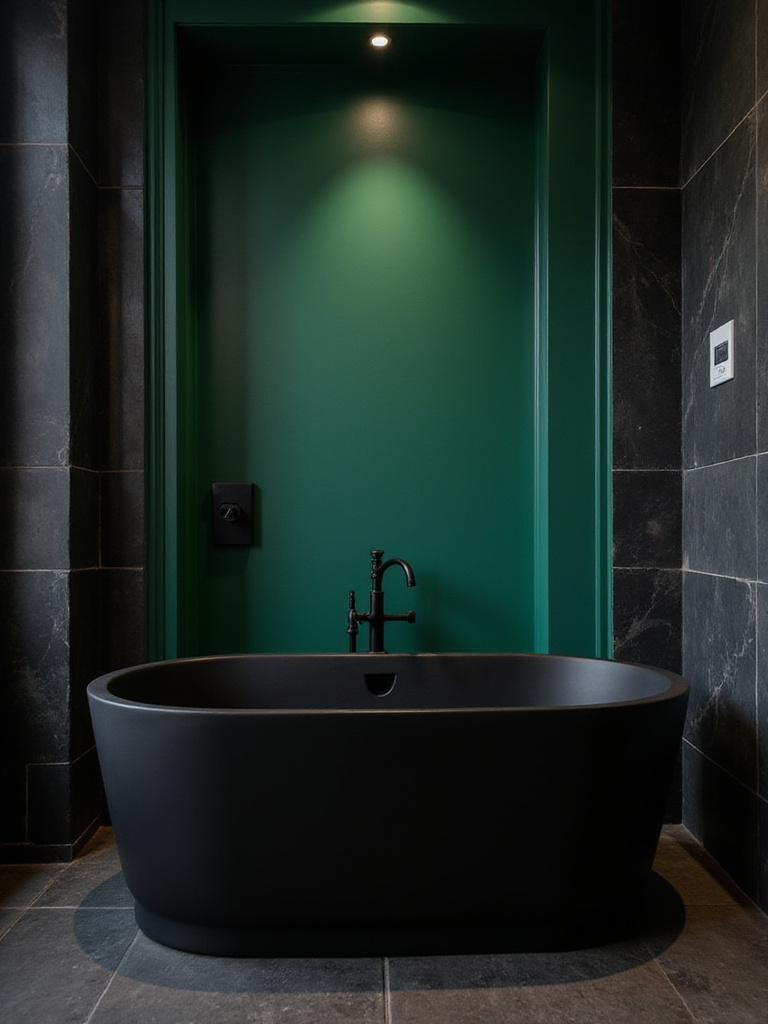Luxurious black bathroom with emerald green accent wall and freestanding tub