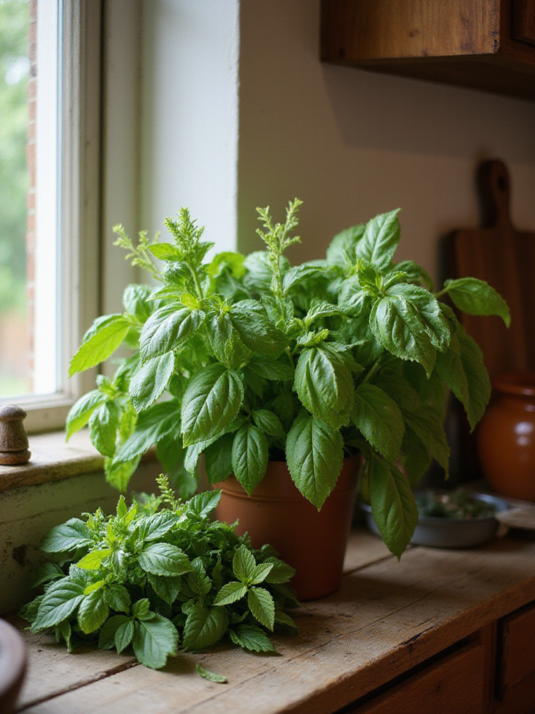 Fresh culinary herbs in a farmhouse kitchen on a wooden windowsill