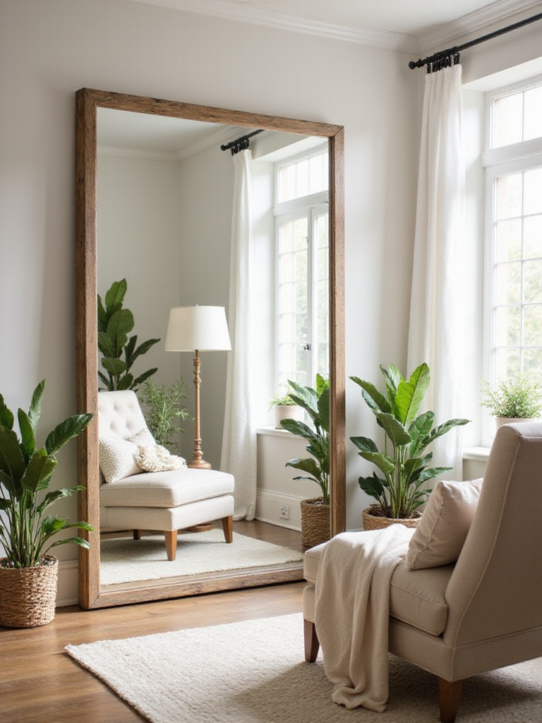 Large distressed mirror in a farmhouse living room reflecting natural light
