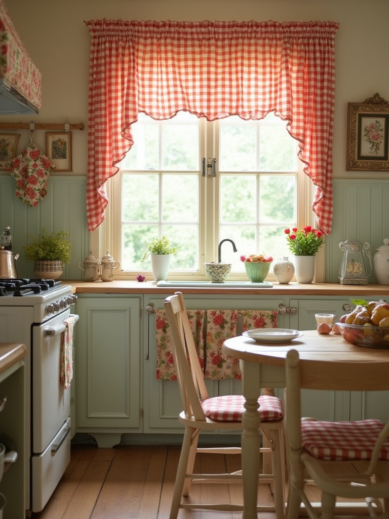 Vintage kitchen with whimsical gingham and floral patterned textiles