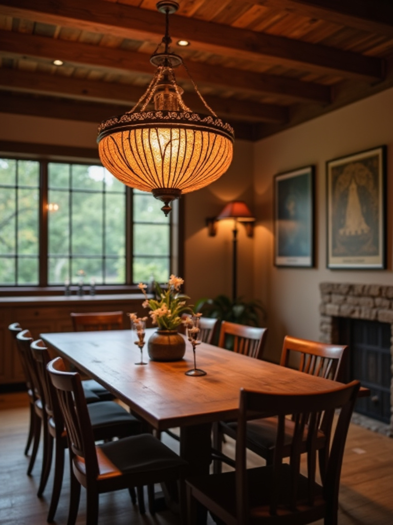 A rustic dining room featuring an elegant chandelier with warm lighting.