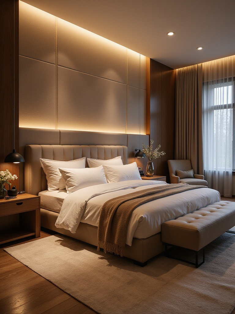 Luxury bedroom with energy-efficient LED lighting solutions creating a warm and inviting atmosphere.