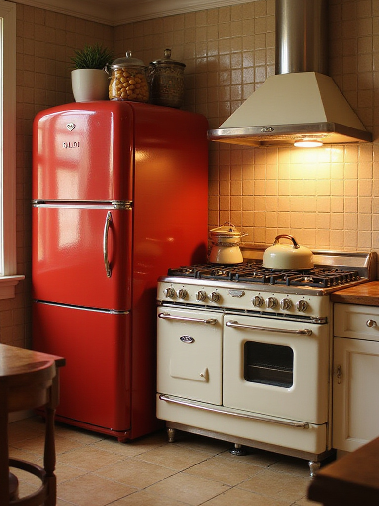 Vintage kitchen featuring retro-inspired appliances with a cherry red refrigerator and classic white range.