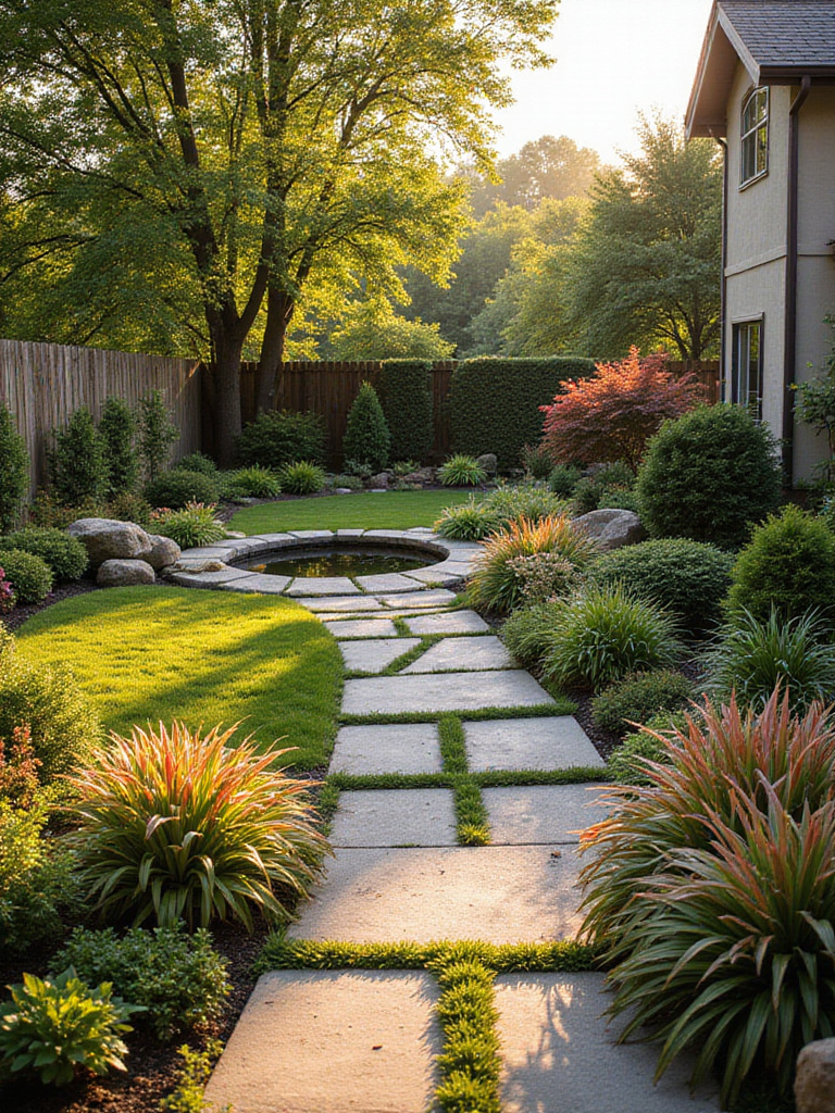 A professionally designed backyard landscape featuring diverse plants and a water feature during golden hour.