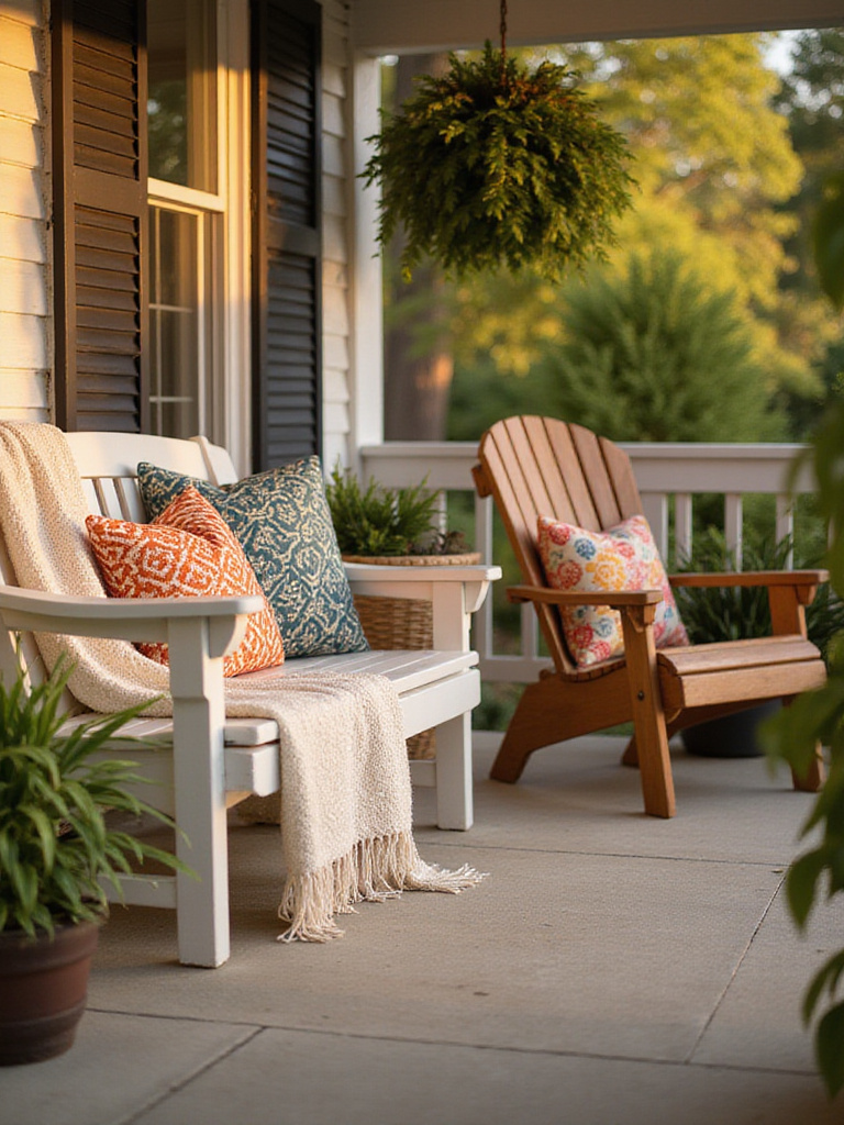 Cozy front porch with decorative pillows and throws
