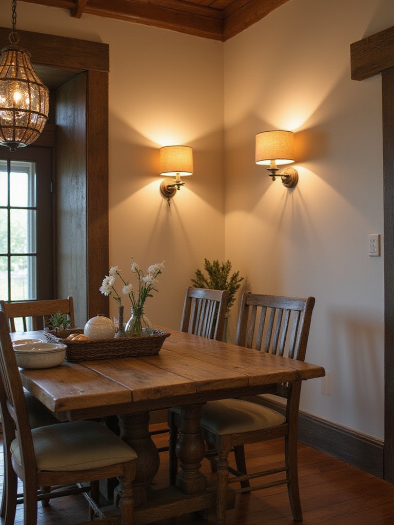 Rustic dining room with wall sconces illuminating corners