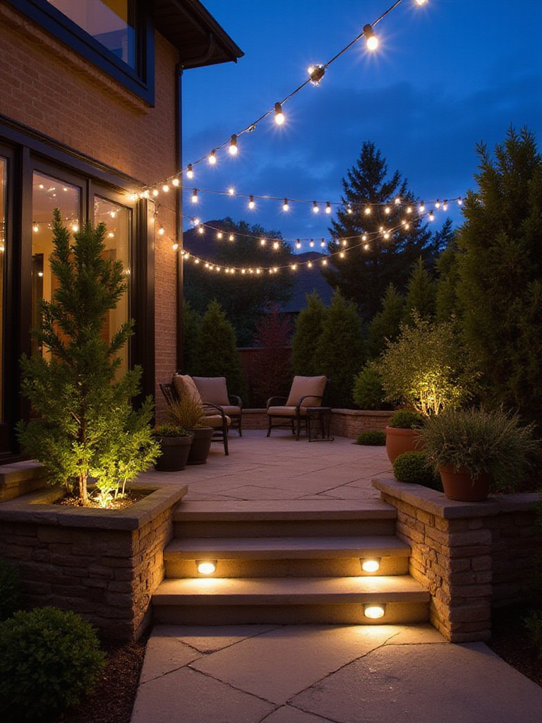 Cozy patio with layered lighting at dusk, featuring string lights and accent lighting.