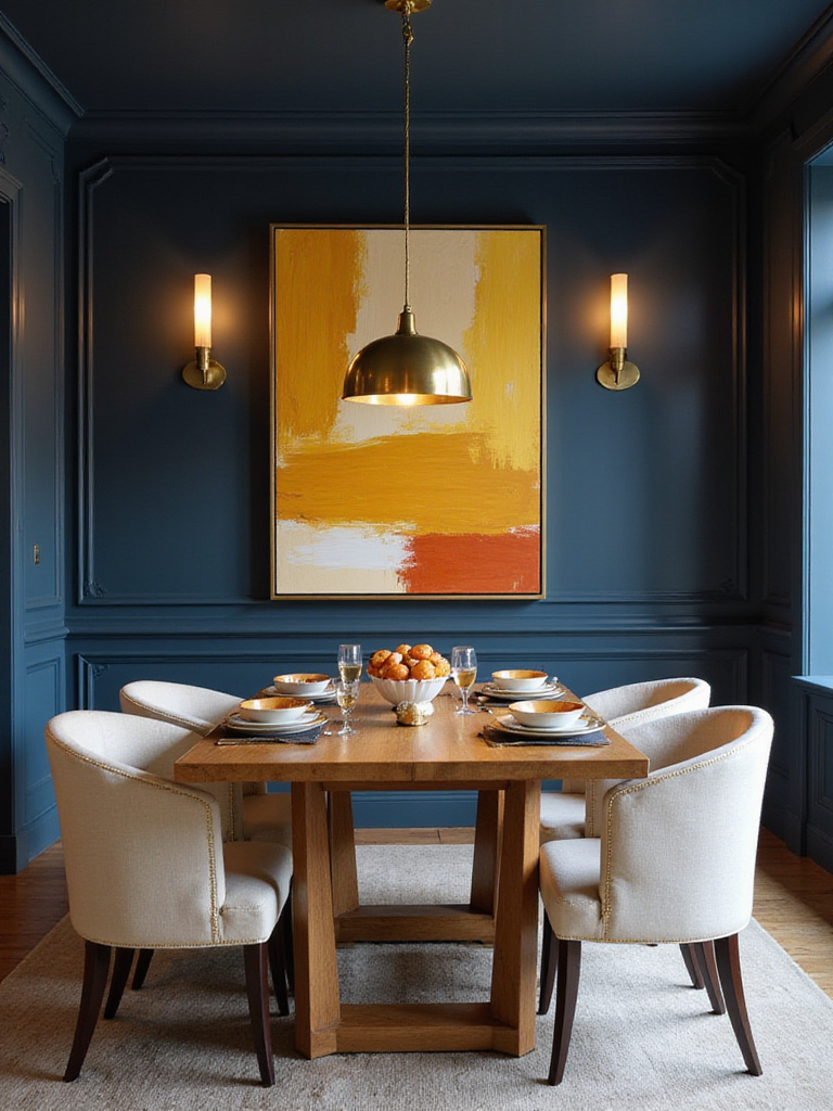 Elegant dining room with navy blue walls and warm accent colors