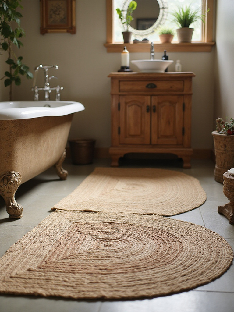 Rustic bathroom with layered natural fiber rugs, showcasing coziness and texture.