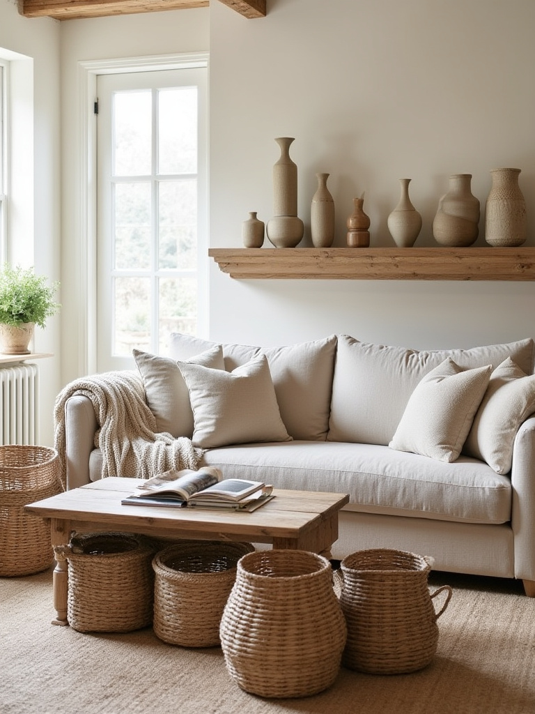 Cozy cottage living room featuring layered natural textures with linen, wood, and ceramic elements.