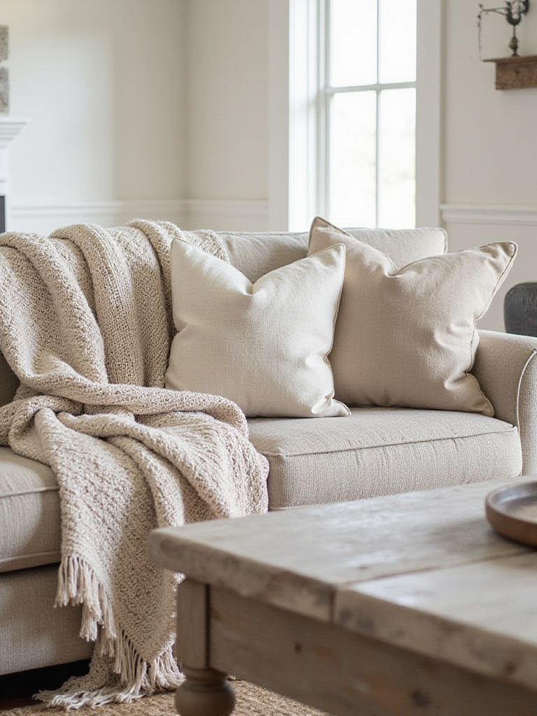 Farmhouse living room decorated with cozy knit throws and linen pillows