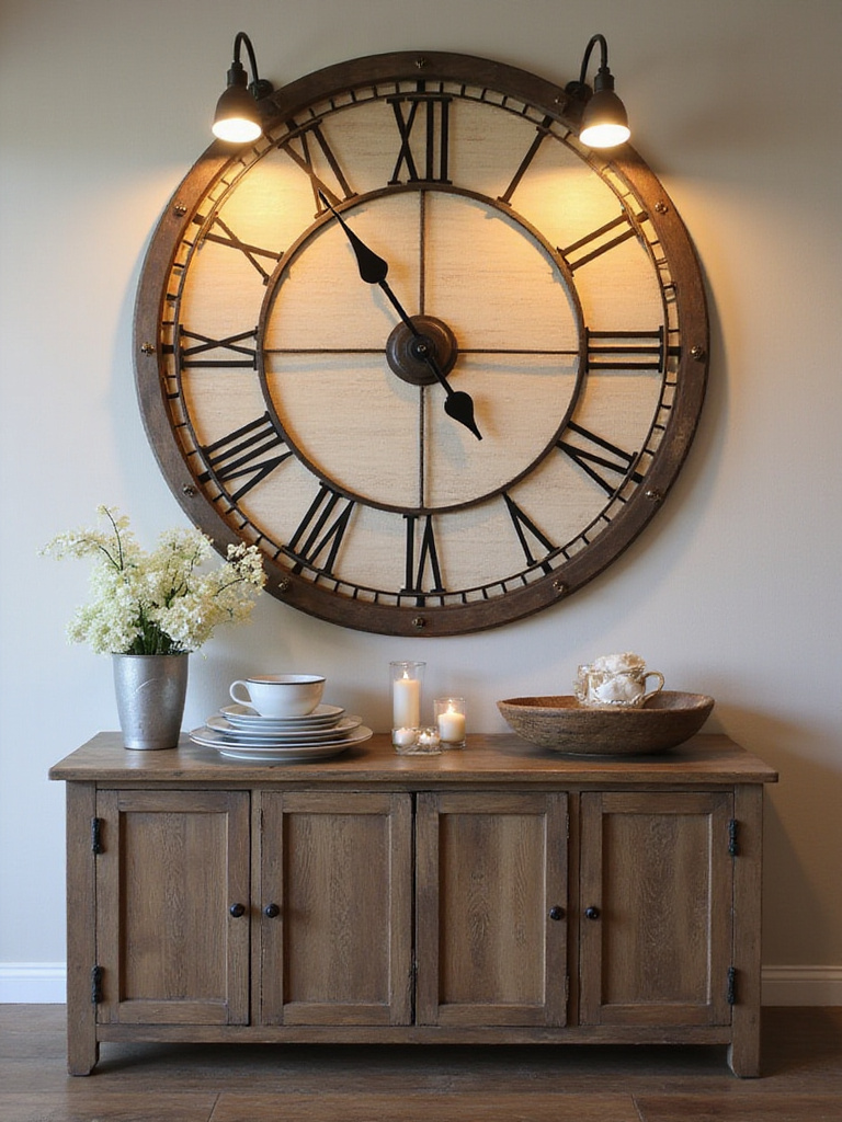 Oversized clock as a focal point in a farmhouse dining room