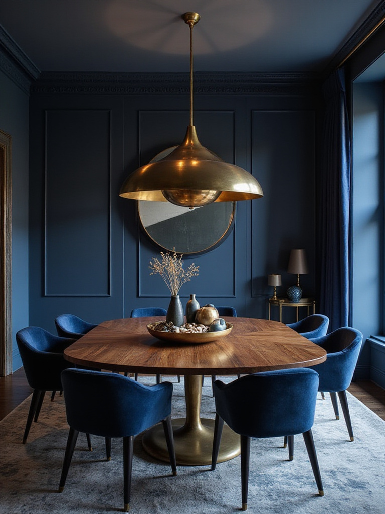 Modern dining room with deep blue walls and elegant decor