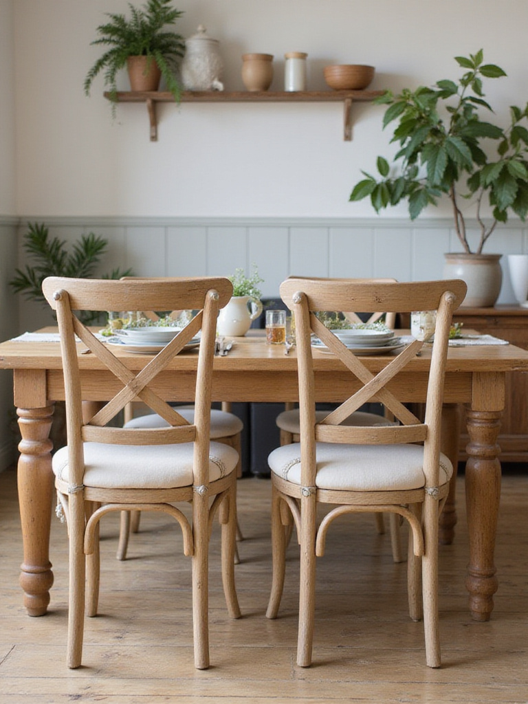 A pair of comfortable, stylish farmhouse dining chairs in a warm, inviting dining room setting.