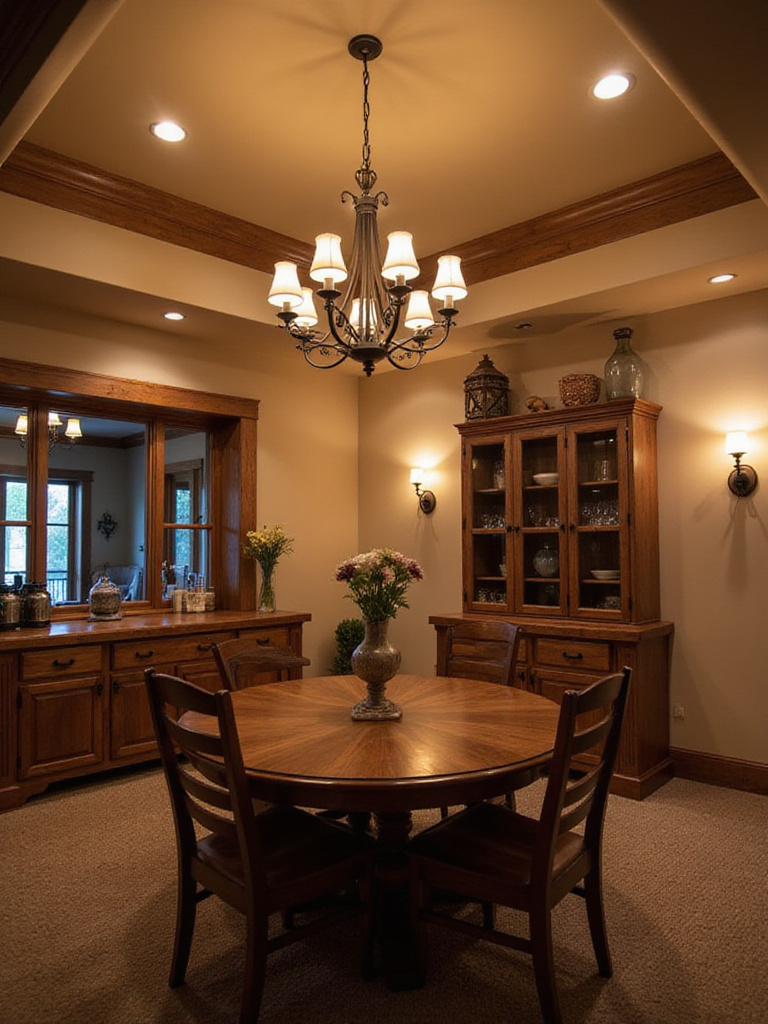 Rustic dining room showcasing layered lighting with chandelier, recessed lights, and wall sconces.
