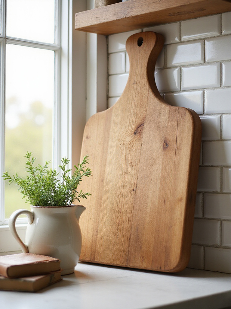 A large wooden cutting board leaning against a white backsplash in a farmhouse kitchen.