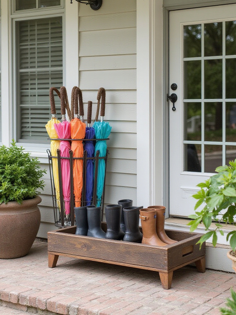 Stylish front porch with an umbrella stand and boot tray